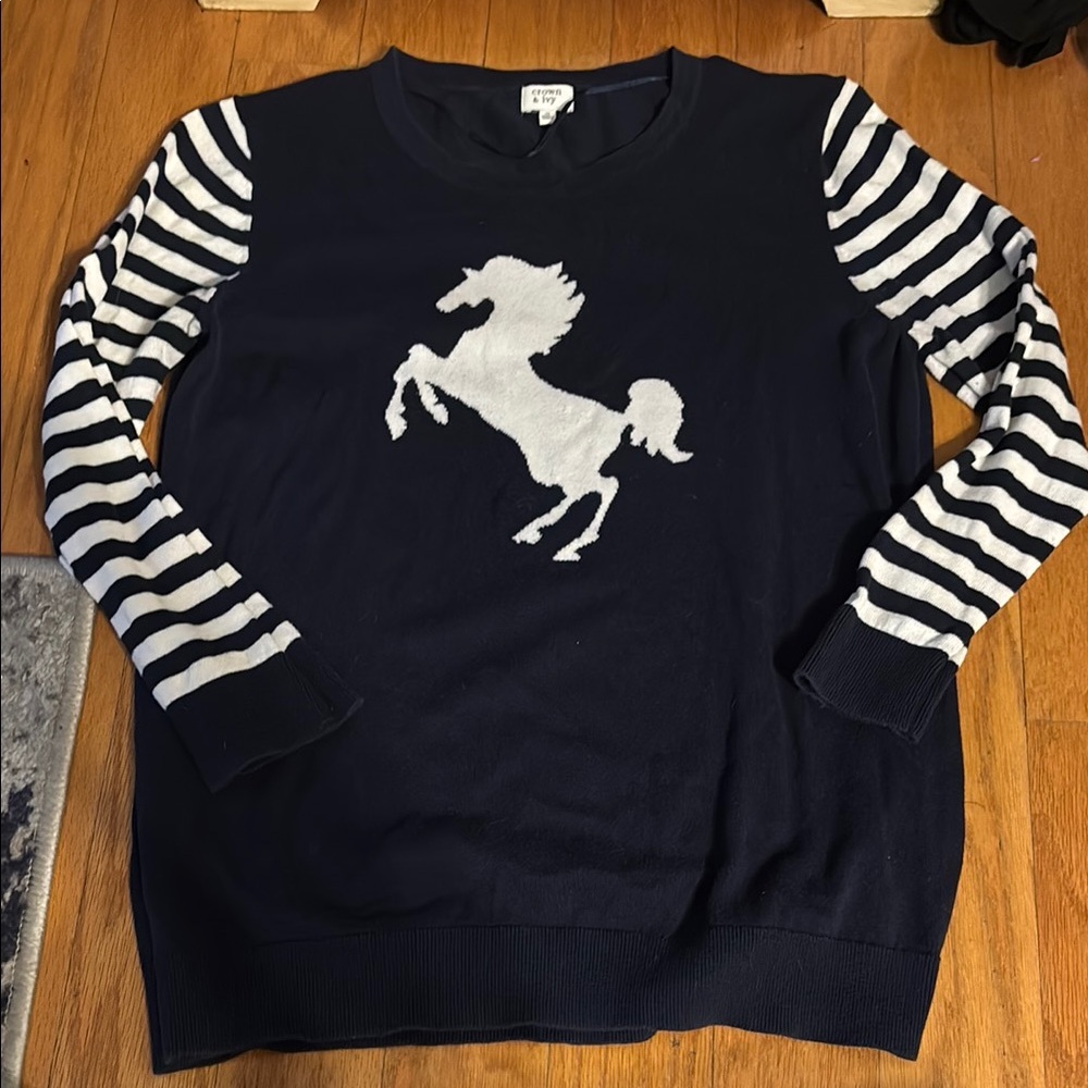 Navy and White Striped Sweater with Unicorn Design